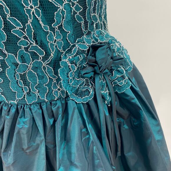 Vintage 80s Fit & Flare Cocktail Dress Lace Bodice Taffeta Mini Teal Womens 8 - Picture 4 of 12